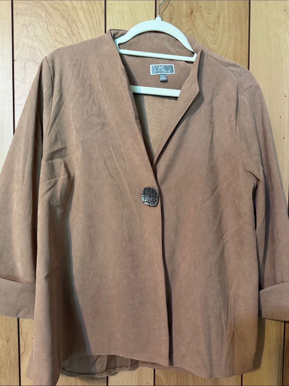 JM Collection Tan Suede-Effect Open Front Blazer with Decorative Button